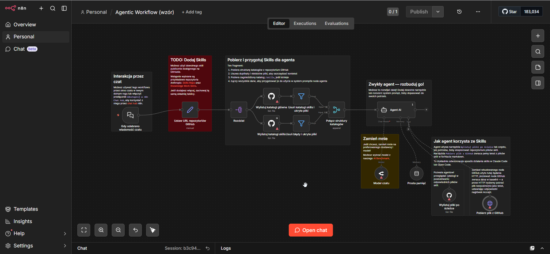 Przykład agentic workflow w n8n z RAG