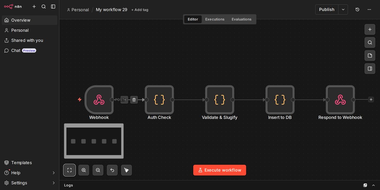 Workflow n8n publikujący gotowy wpis na stronę