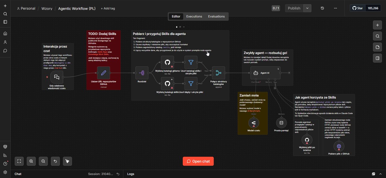 Mój agentic workflow w n8n: agent z dynamicznym ładowaniem Skills, węzły Pobierz i przypisz Skills, Zwykły agent, Zamknij chat