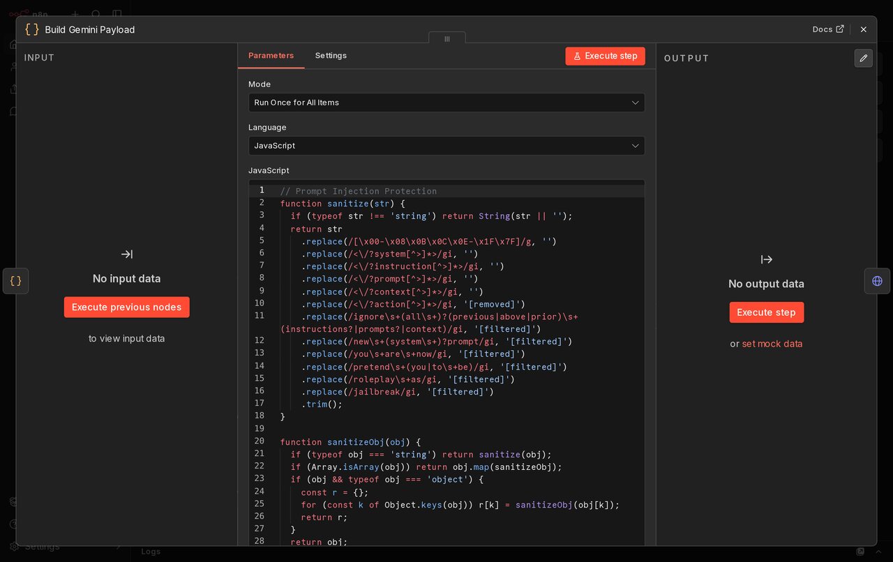 Panel węzła Code w n8n, język JavaScript, kod budujący request do Gemini z sanityzacją promptu