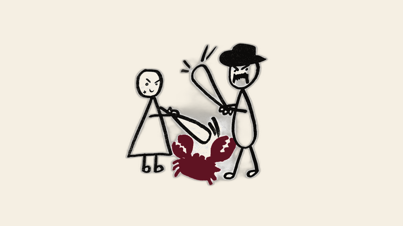 Rysunek dziecięcy w stylu Cancer Fighters w palecie Workin'Flows: dwie postacie atakują kraba symbolizującego raka, oxblood i bone na cream tle