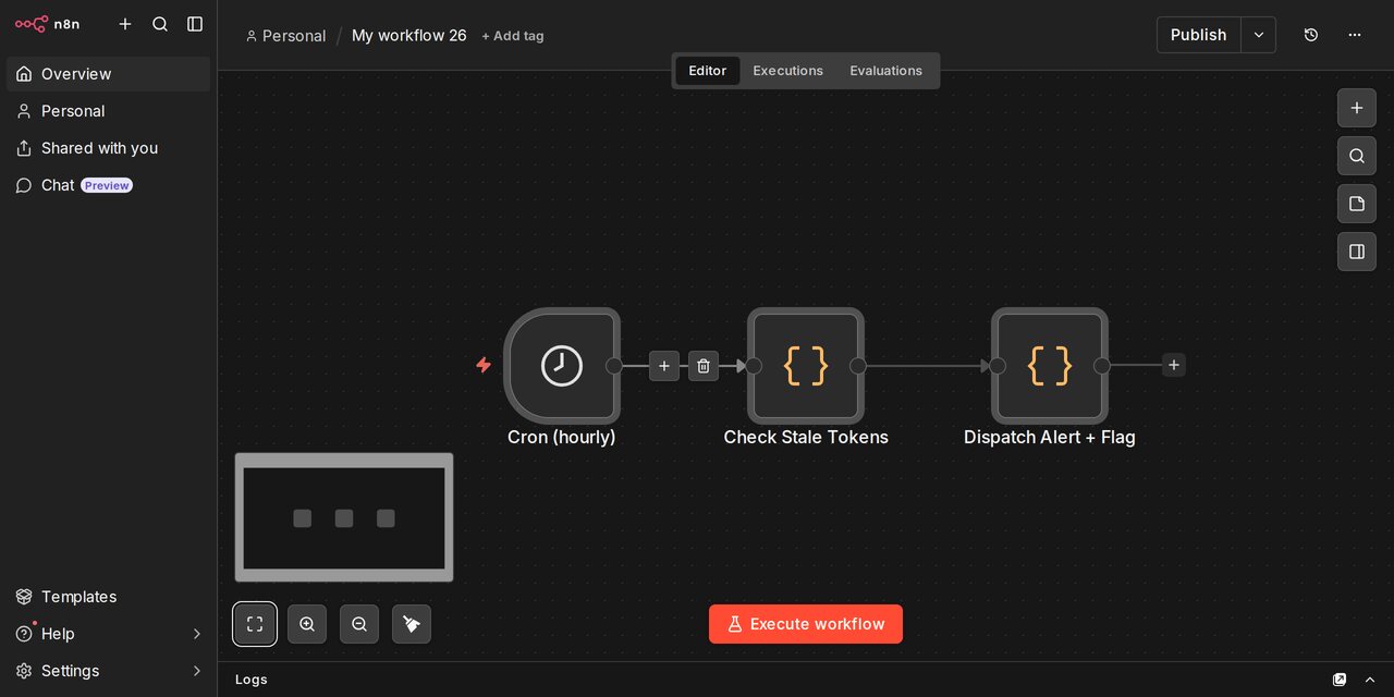 Workflow n8n monitorujący świeżość tokenu i odnawiający go z wyprzedzeniem
