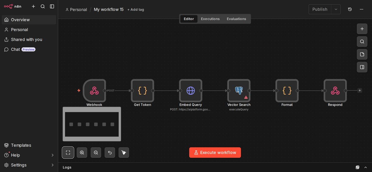 Workflow RAG w n8n: pobranie tokenu, Embed Query do Vertex AI, Vector Search w bazie wektorowej i odpowiedź